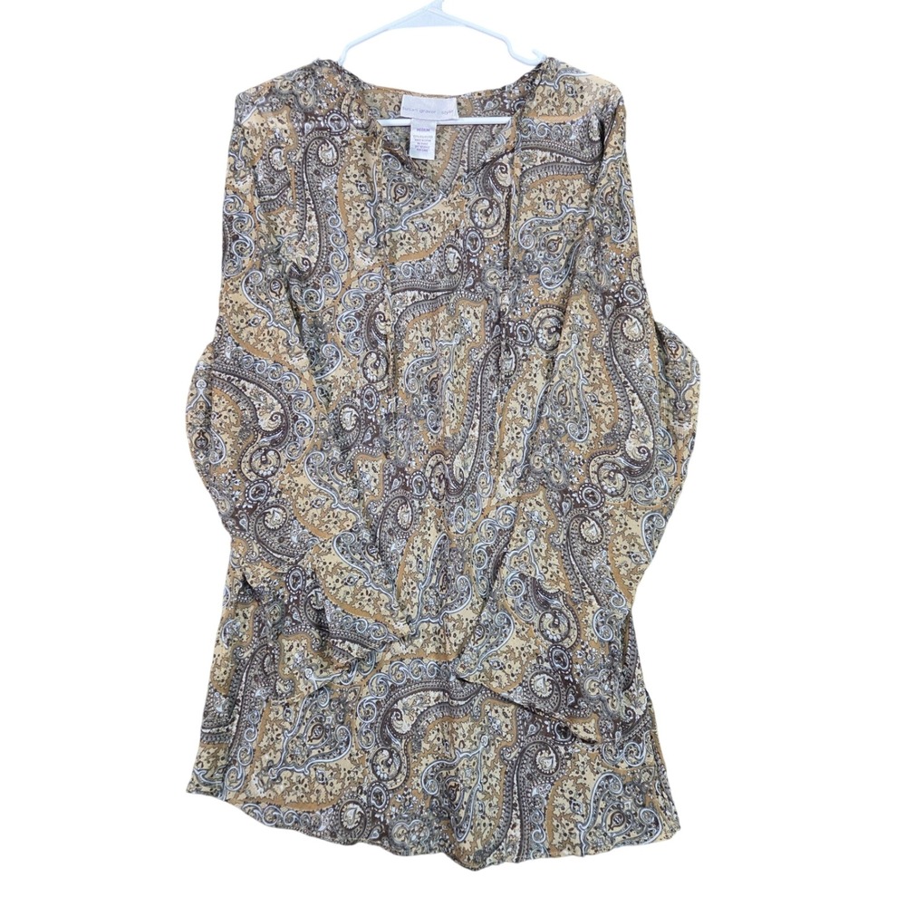 Susan Graver Tunic Blouse Womens Medium Tan Paisley Bell Sleeve‎ Tie Neck V-Neck